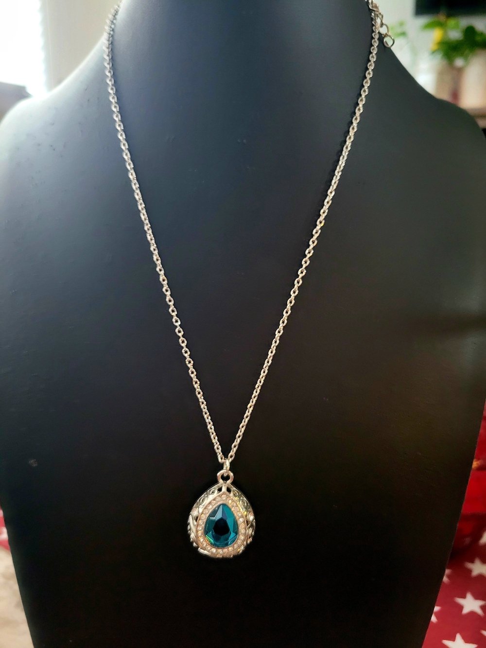 Paparazzi Silver Teardrop Necklace with Deep Blue Gem